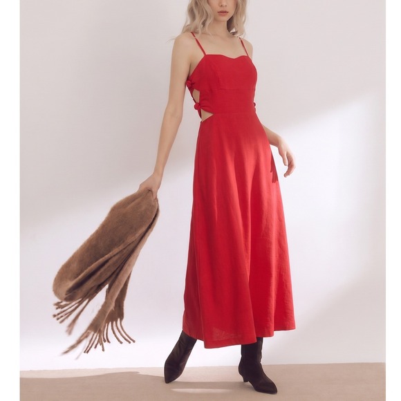 Wayf Dresses & Skirts - WAYF Red Linen Blend Side Cutout Midi Dress Womens Large Smocked Back Summer